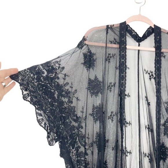 Boho Gypsy Beach Goddess Swim Cover Up Black Maxi Dress Duster Tie Front - Picture 10 of 13